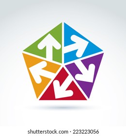 Vector abstract emblem with five multidirectional arrows placed in isosceles triangles - up, down, left, right. Conceptual corporate symbol, colorful pentagon icon.