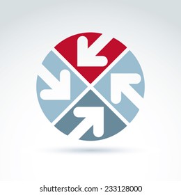 Vector abstract emblem with four multidirectional arrows placed in sectors Ã?Â¢?? up, down, left, right. Conceptual corporate symbol, brand round icon.