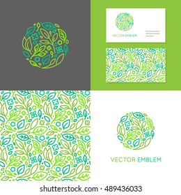 Vector abstract emblem - insignia made of green leaves and flowers - set of design elements for organic shop or yoga studio, cosmetics, beauty products, organic and healthy food  -  business card