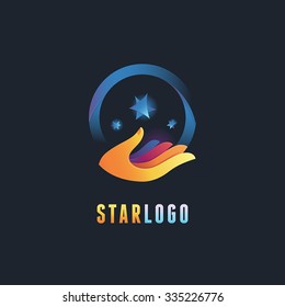 Vector abstract emblem and logo design template in gradient colors - hand icons with stars - knowledge and magic concepts