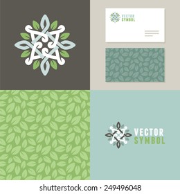 Vector abstract emblem - outline monogram - flower symbol - set of design elements for organic shop or yoga studio - logo, pattern and card templates