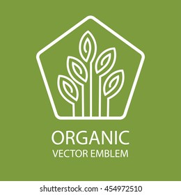 Vector abstract emblem, outline monogram, flower symbol, concept for organic shop or yoga studio, logo design template, linear logo design template, organic food and farming, green, vegan food concept