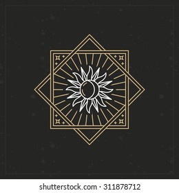 Vector abstract emblem in trendy linear style with sun and moon icon on geometric background