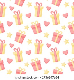 Vector abstract endless background with colored present boxes, hearts, stars. Gifts for the holiday on a white background. Great for paper, card, wallpaper, banner, fabric, interior. Seamless pattern.