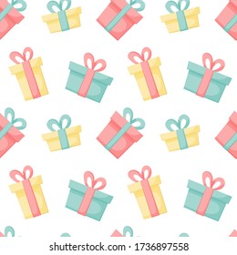 Vector abstract endless background with colored present boxes. Gifts for the holiday on a white background. Great for paper, card, wallpaper, banner, fabric, interior. Seamless pattern.