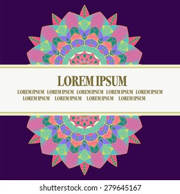 Vector abstract ethnic decorative  ornament mandala background hand-drawn-background Illustration. Template frame design for card with place for your text.