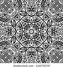 Vector abstract ethnic nature hand drawn ornamental background. Black and white seamless pattern