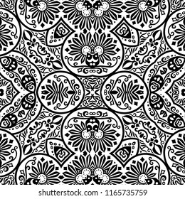 Vector abstract ethnic nature hand drawn ornamental background. Black and white seamless pattern