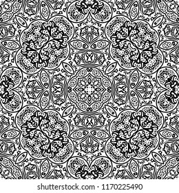 Vector abstract ethnic nature hand drawn ornamental background. Black and white seamless pattern