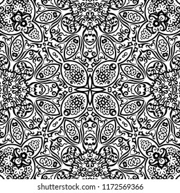Vector abstract ethnic nature hand drawn ornamental background. Black and white seamless pattern