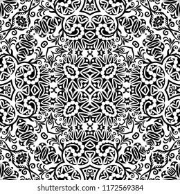 Vector abstract ethnic nature hand drawn ornamental background. Black and white seamless pattern