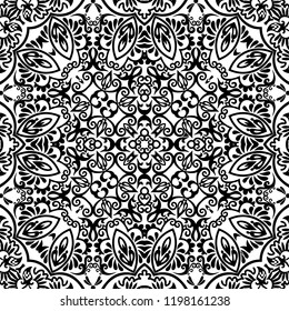 Vector abstract ethnic nature hand drawn ornamental background. Black and white seamless pattern