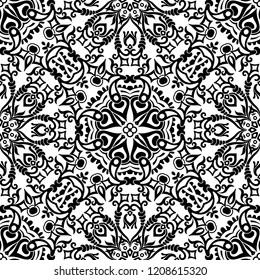 Vector abstract ethnic nature hand drawn ornamental background. Black and white seamless pattern
