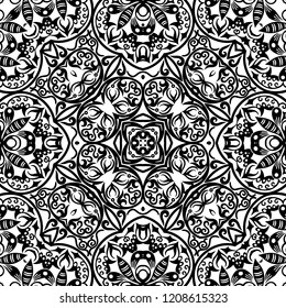 Vector abstract ethnic nature hand drawn ornamental background. Black and white seamless pattern