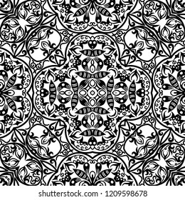 Vector abstract ethnic nature hand drawn ornamental background. Black and white seamless pattern