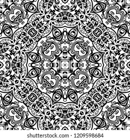 Vector abstract ethnic nature hand drawn ornamental background. Black and white seamless pattern