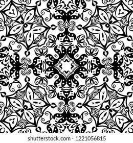 Vector abstract ethnic nature hand drawn ornamental background. Black and white seamless pattern