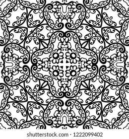 Vector abstract ethnic nature hand drawn ornamental background. Black and white seamless pattern