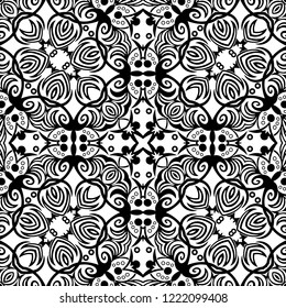 Vector abstract ethnic nature hand drawn ornamental background. Black and white seamless pattern