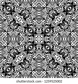 Vector abstract ethnic nature hand drawn ornamental background. Black and white seamless pattern