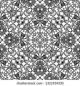 Vector abstract ethnic nature hand drawn ornamental background. Black and white seamless pattern