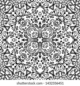 Vector abstract ethnic nature hand drawn ornamental background. Black and white seamless pattern