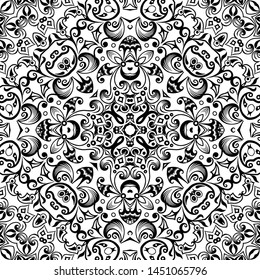 Vector abstract ethnic nature hand drawn ornamental background. Black and white seamless pattern