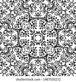 Vector abstract ethnic nature hand drawn ornamental background. Black and white seamless pattern
