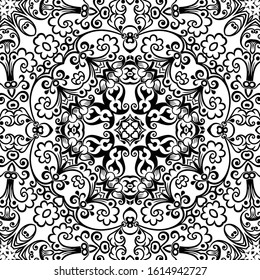 Vector abstract ethnic nature hand drawn ornamental background. Black and white seamless pattern