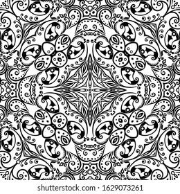 Vector abstract ethnic nature hand drawn ornamental background. Black and white seamless pattern