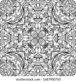 Vector abstract ethnic nature hand drawn ornamental background. Black and white seamless pattern