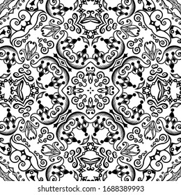Vector abstract ethnic nature hand drawn ornamental background. Black and white seamless pattern