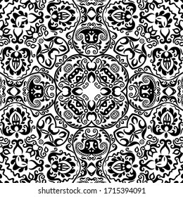 Vector abstract ethnic nature hand drawn ornamental background. Black and white seamless pattern