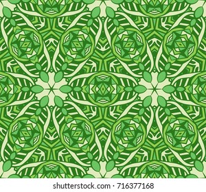 Vector abstract ethnic seamless pattern tribal background. contemporary green herbs leaves and flower geometric background