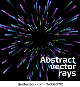 Vector abstract explosive. Illustration with dynamic shapes. Color rays on dark background.