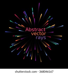 Vector abstract explosive. Illustration with dynamic shapes. Color rays on dark background.