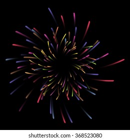 Vector abstract explosive. Illustration with dynamic shapes. Color rays on dark background.