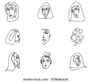 Vector abstract faces drawn by hand with one completed line. Minimalistic female faces for logo, salon