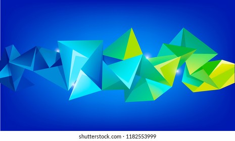 Vector abstract faceted polygonal background. 3d crystal triangle structure, figure. Banner, cover. Horizontal orientation. Blue, green