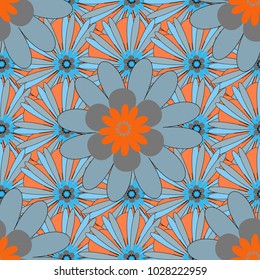 Vector. Abstract fall seamless pattern in bright autumn colors (gray, blue and orange). Floral background for abstract design. Vector graphic painting of falling flowers, doodles, grunge textures.