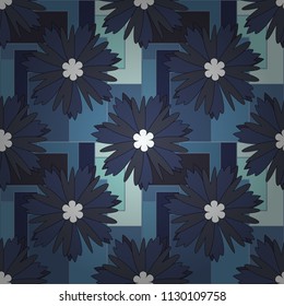 Vector. Abstract fall seamless pattern in bright autumn colors (blue, gray and black). Vector graphic painting of falling flowers, doodles, grunge textures. Floral background for abstract design.