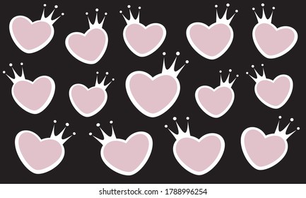 Vector abstract fancy girly illustration of hearts wearing crowns on black background