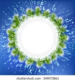 Vector abstract fantasy  card with stylized snow salute and pine branches on blue background. Christmas and New Year holiday pattern