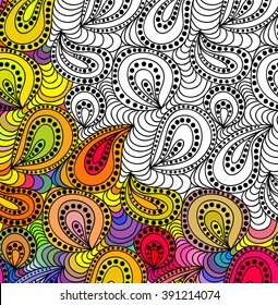 Vector abstract fantasy pattern of black white hand drawn outline ornament and colorful background. Coloring book pattern