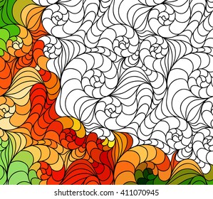 Vector abstract fantasy pattern of black white hand drawn outline ornament and colorful background. Coloring book page