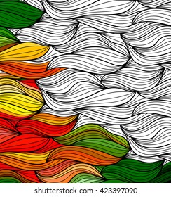 Vector abstract fantasy pattern of black white hand drawn outline ornament and colorful background. Coloring book pattern
