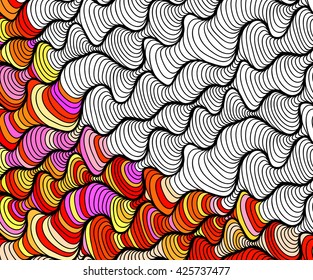 Vector abstract fantasy pattern of black white hand drawn outline ornament and colorful background. Coloring book pattern
