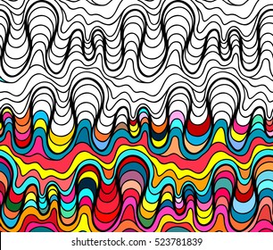 Vector abstract fantasy pattern of black white hand drawn outline ornament and colorful background. Coloring book pattern