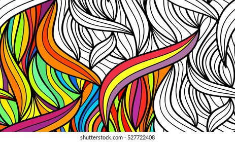 Vector abstract fantasy pattern of black white hand drawn outline ornament and colorful background. Coloring book pattern