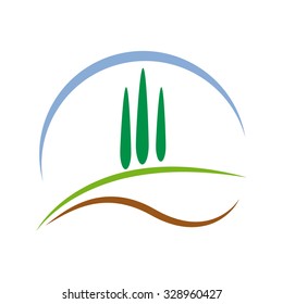 Vector abstract farm with cypresses. Countryside tourism concept